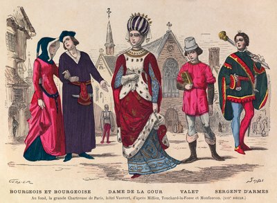 Gravering - Bourgeois et bourgeoise, hoffdame, betjent, sersjant-at-arm i Paris på 1200-tallet (i bakgrunnen la grande Chatreuse de Paris, hotel Vauvert) - Hofdrakter i Frankrike på 1200-tallet - privat samling av Anonymous Anonymous