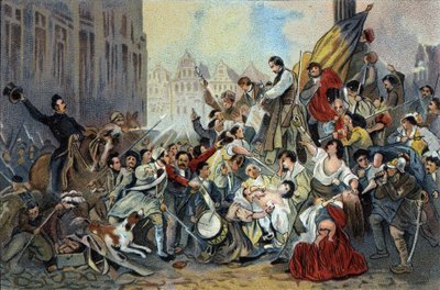 Episode av revolusjonen i 1830 foran rådhuset i Brussel. Reklamekromolitografi av Antoine-sjokolade i Brussel, begynnelsen av det 20. århundre. Privat samling av Anonymous Anonymous