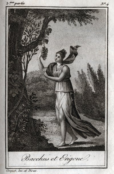 Erigo og Bacchus, gravering av 1819 i "Letters to Emily on Mythology" av Charles Albert Demoustier (1760-1801). Privat samling. av Anonymous Anonymous