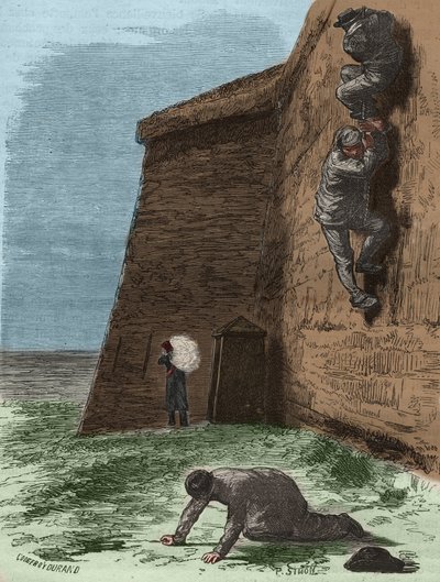 Flukt fra fengselet i Rochefort på 1800-tallet. Gravering i "Fengselshistorie fra deres opprettelse til i dag"" (1877) av Pierre Zaccone (1817-1895) (Colonia Penale - straffekoloni). Privat samling. av Anonymous Anonymous