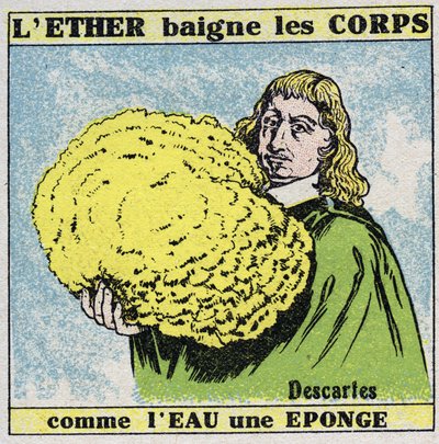 Eter (materiale): Rene Descartes (1596-1650) finner ut at eteren bader kroppene som vann en svamp. Anonym illustrasjon fra 1925. Privat samling. av Anonymous Anonymous