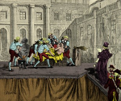 Bøddel Samson markerer Jeanne de Valois Saint Remy (Valois-Saint-Remy), kjent som Comtesse de la Motte (1756-1791) etter sin domfellelse i saken om dronningens halskjede i 1786, gravering, privat samling av Anonymous Anonymous