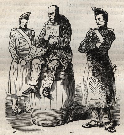 Utstilling av en tvungen unndragelse (Evade returnerte) i Toulon-fengselet på 1800-tallet. Gravering i «Fangernes historie fra deres skapelse til i dag» (1877) av Pierre Zaccone (1817-1895) (Colonia Penale - Straffekoloni). Privat samling. av Anonymous Anonymous