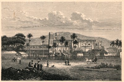 Utvendig utsikt over katedralen i Port of Spain i Trinidad og Tobago, Trinidad og Tobago. Gravering i "The Catholic Missions in the Nineteenth Century" av Louis-Eugene (Louis Eugene) Louvet. privat samling. av Anonymous Anonymous