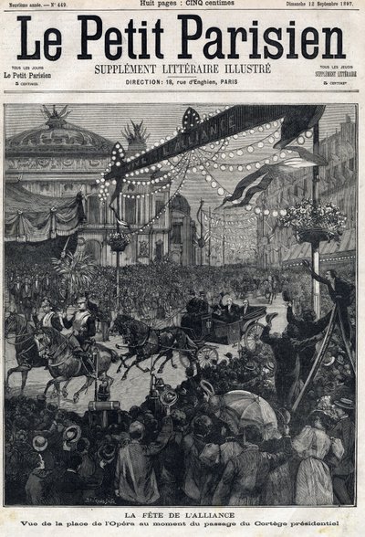 Fest for den fransk-russiske alliansen (fransk-russisk): utsikt over operaplassen under passasjen av presidentkortegen til Felix Faure (1841-1899). I "" Le Petit Parisien"" den 12.09.1897. Privat samling av Anonymous Anonymous