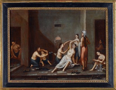 ""Kvinner i et hammam som vasker hverandre"" (Ladies in the Hammam) Anonymt maleri 1741 - Olje på lerret, 39x53 - Privat samling av Anonymous Anonymous