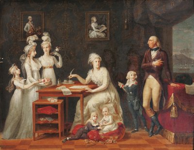 Ferdinand Ier (roi des Deux-Siciles) (1751-1825) - Kong Ferdinand IV av Napoli og Sicilia med sin familie, Anonymous. Olje på tre, størrelse: 42x53,3, sent på 1700-tallet, privat samling av Anonymous Anonymous
