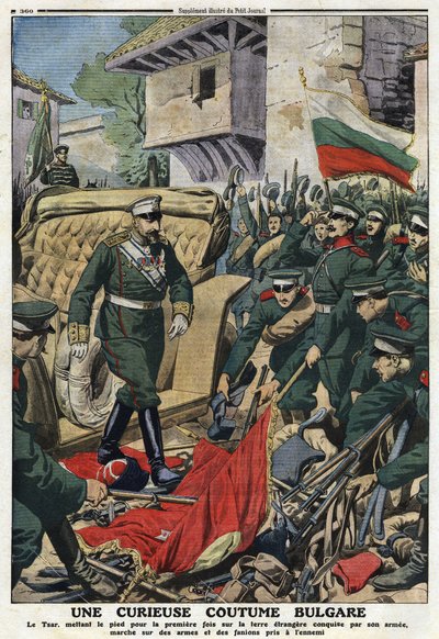 Første Balkankrig (Balkan): Tsar Ferdinand I av Bulgaria (1861-1948) marsjerer mot fremmede land erobret av hæren hans i Mustapha-Pasha (Mustapha Pasha), nå Ferdinandovo, pietiner fiendenes våpen og vimpler""" illustrasjon fra " The Little Journal"" av Anonymous Anonymous