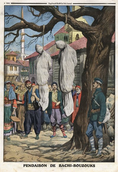 First Balkan war (Balkan): hanging of Bachibuzuk (Bachibuzuk, Bachi Buzuk), mercenary horsemen of the Ottoman army, robbers and looters, captured by the Bulgarian army in the village of Ketcheukeli. Illustration taken from “” Le Petite Journal”” 08/12/1912 av Anonymous Anonymous