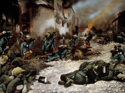 Første verdenskrig (1914-1918): "" Slaget i Chatillon sur Morin (Chatillon-sur-Marne) i september 1914"" Anonymt maleri av Anonymous Anonymous