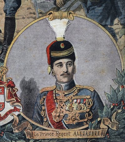 Første verdenskrig 1914-1918 (14-18): Portrett av prinsregenten av Serbia Alexander, som ble kong Alexander I av Jugoslavia eller Alexander II av Serbia (1888-1934). Gravering i "" Le Petite Journal"" av Anonymous Anonymous