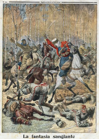 Første verdenskrig 1914-1918 (14-18): "The Bloody Fantasia". I skogen kjempet en tropp på tretti uhlans (tyske ryttere med et spyd) av åtte seirende algeriske spahier. Gravering i "" Le Petite Journal"", 28.11.1915. Privat samling. av Anonymous Anonymous