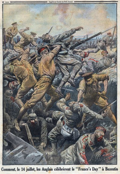 Første verdenskrig 1914-1918 (krig 14-18). Slaget ved Kreta Bazentin 13. og 14. juli 1916 hvor engelskmennene motarbeidet den tyske hæren. I "" Le Petite Journal"", 6.08.1916. Privat samling av Anonymous Anonymous
