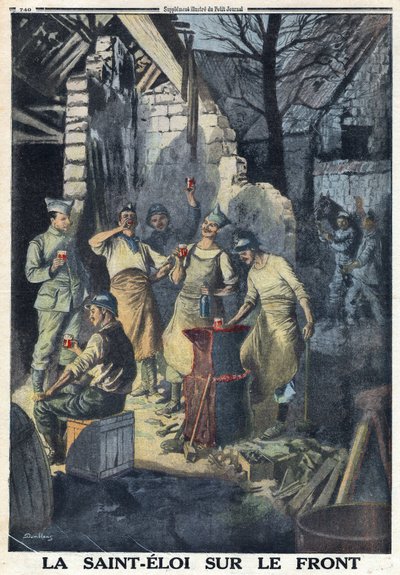 Første verdenskrig 1914-1918 (krig 14-18). Feiring av Saint Eloi (Saint-Eloi) av soldater på fronten. De drikker alle et glass rødvin til festen. I "" Le Petite Journal", 3/12/1916. Privat samling av Anonymous Anonymous