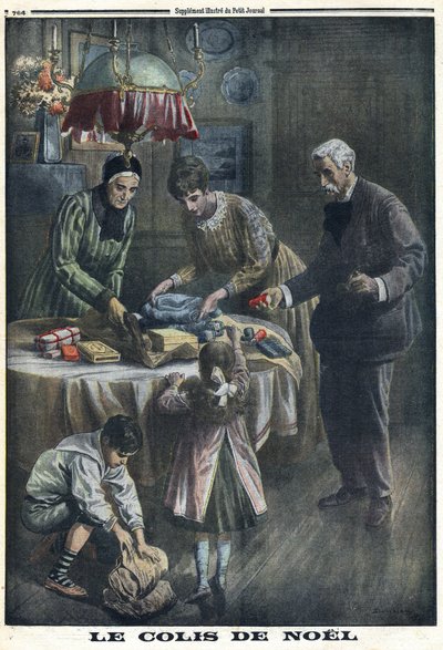 Første verdenskrig 1914-1918 (krig 14-18). Julegave: Barn mottar og pakker ut pakker de fikk av faren sin på slagmarken på julaften. I "" Le Petite Journal"", 24.12.1916. Privat samling av Anonymous Anonymous