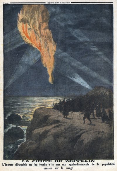 Første verdenskrig 1914-1918 (krig 14-18). Faller en zeppelin fra den brennende tyske hæren på vei tilbake fra et raid i England. I "" Le Petite Journal"", 17.12.1916. Privat samling av Anonymous Anonymous