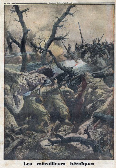 Første verdenskrig 1914-1918 (krig 14-18). Franske maskingeværere som skyter mot tysk militærangrep. I "" Le Petite Journal"", den 9/04/1916. Privat samling av Anonymous Anonymous
