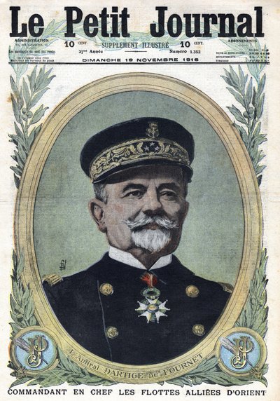 Første verdenskrig 1914-1918 (krig 14-18). Portrett av admiral Dartige du Fournet øverstkommanderende for de allierte flåtene i Orienten. I "" Le Petite Journal"", den 19/11/1916. Privat samling av Anonymous Anonymous
