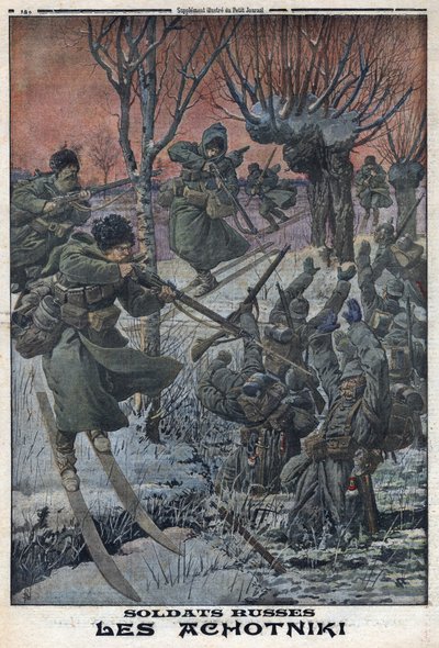 Første verdenskrig 1914-1918 (krig 14-18). Russiske soldater Ahotniki på ski skyter tyske soldater. I "" Le Petite Journal"", 23.01.1916. Privat samling av Anonymous Anonymous