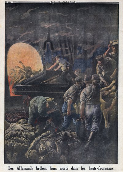 Første verdenskrig 1914-1918 (krig 14-18). Tyskerne brenner døde soldater i ovnene. I "" Le Petite Journal"", 23.04.1916. Privat samling av Anonymous Anonymous