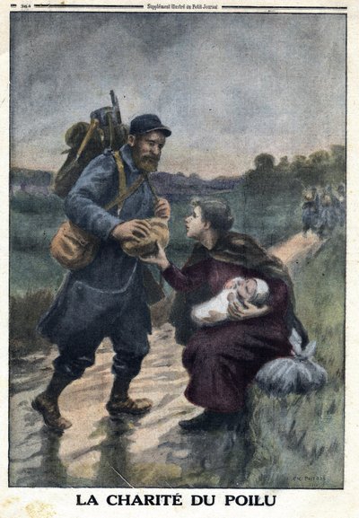 First World War 1914-1918 (War 14-18). The charite of the hairy: a French soldier on a path halts to offer bread to a woman alone with her baby. In “” Le Petite Journal””, on 9/01/1916. Private Collection av Anonymous Anonymous