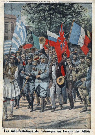 Første verdenskrig 1914-1918 (krig 14-18). Protestene i Saloniki (eller Thessaloniki i Hellas) til fordel for allierte. I "" Le Petite Journal"", 24.09.1916. Privat samling av Anonymous Anonymous