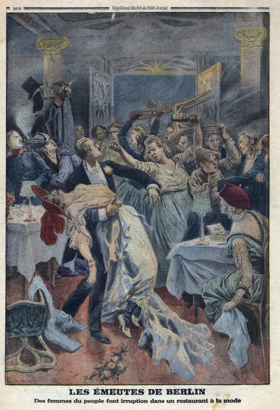 Første verdenskrig 1914-1918 (krig 14-18). Folkets kvinner bryter seg inn på en fasjonabel restaurant og krever at ektemennene deres kommer tilbake. I "" Le Petite Journal"", 16.01.1916. Privat samling av Anonymous Anonymous