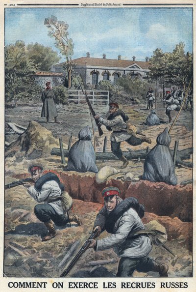 Første verdenskrig 1914-1918 (krig 14-18). Trening av unge soldater rekruttert av den russiske hæren. I "" Le Petite Journal"", 30.04.1916. Privat samling av Anonymous Anonymous