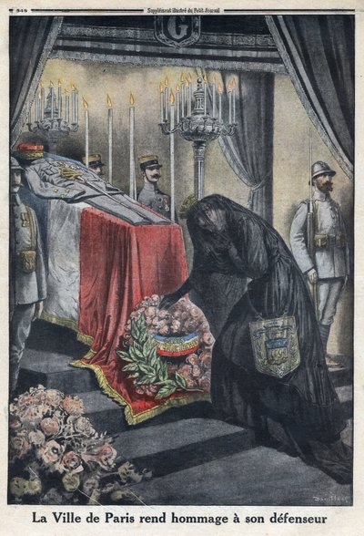 Første verdenskrig 1914-1918 (krig 14-18). Hyllest av byen Paris til general Joseph Simon Gallieni (1849-1916) som forsvarte byen. I "" Le Petite Journal"", 18.06.1916. Privat samling av Anonymous Anonymous