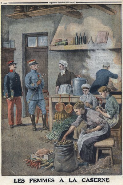 Første verdenskrig 1914-1918 (krig 14-18). Kvinner lager mat i brakkekjøkkenene. Tre kokker i potet corvee, skrell potetene. I "" Le Petite Journal"", 7.05.1916. Privat samling av Anonymous Anonymous