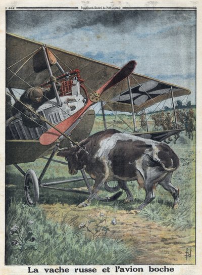 Første verdenskrig 1914-1918 (krig 14-18). ku i Russland hindrer et tysk hærfly i å avkjøle. I "" Le Petite Journal"", 22.10.1916. Privat samling av Anonymous Anonymous