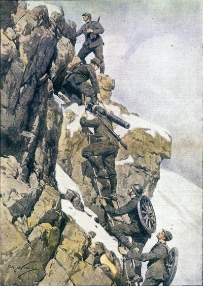 Første verdenskrig: "" Italienske alpejegere (alpino eller alpini) som bærer materiale på toppen av de italienske alpene av Anonymous Anonymous
