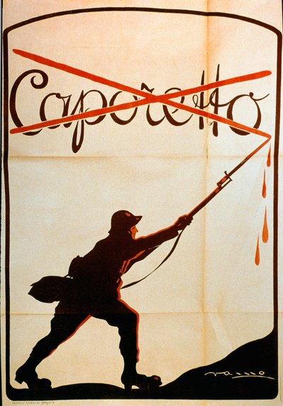 Første verdenskrig: plakat publisert i anledning nederlaget til Caporetto (eller slaget ved Karfreit) i slutten av oktober 1917 som representerer en soldat fra den italienske hæren som fjernet navnet "Caporetto" fra spissen av baonetten hans. Ill av Anonymous Anonymous