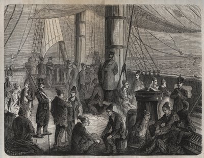 Første konvoi av styrker fra Toulon til Cayenne (Guyana) i henhold til dekretet av 8. desember 1851. Gravering i "Historien om straffedømte fra deres opprettelse til i dag" (1877) av Pierre Zaccone (1817-1895) (Colonia Penale - Penal) koloni). Privat samli av Anonymous Anonymous