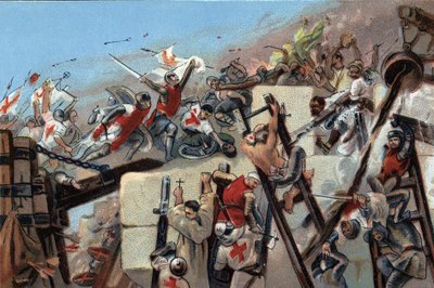 Første korstog (1096-1099): erobringen av Jerusalem av kryssene ledet av Godefroy (Godefroi) av Bouillon (1061-1100) 15. juli 1099. Reklamekromolitografi av Antoine-sjokolade i Brussel, begynnelsen av det 20. århundre. Privat samling av Anonymous Anonymous