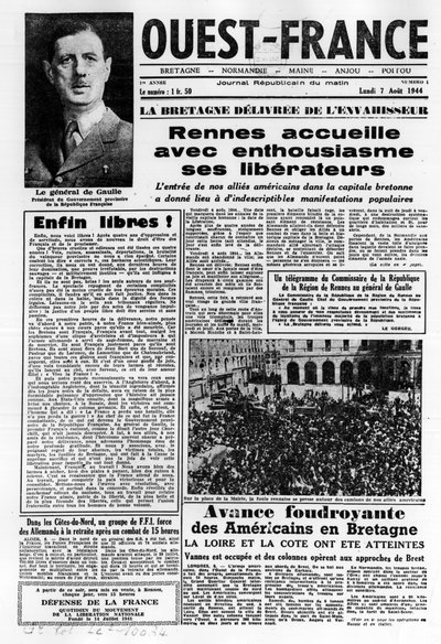 Første utgave av Vest-Frankrike fra 7. august 1944: La La La La Liberation i Vest-Frankrike og General de Gaulle - fotografi, B.N. av Anonymous Anonymous