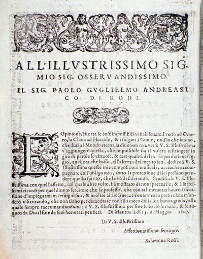 Første side av Første bok med symfonier og vigors, av Salomone Rossi av Anonymous Anonymous