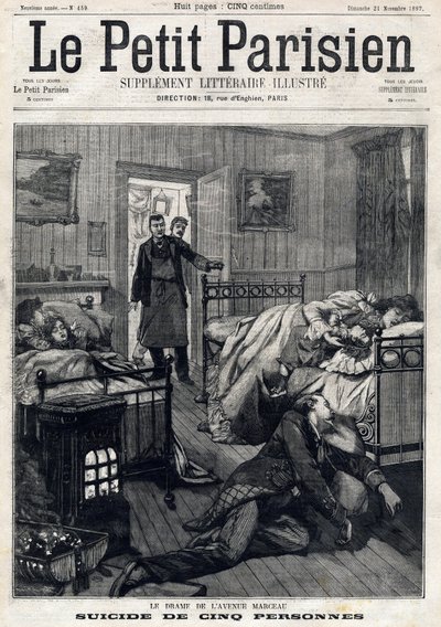 Fem selvmord på Avenue Marceau i Paris. I "" Le Peute Parisien"" 21.11.1897. Privat samling av Anonymous Anonymous