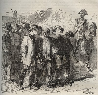 Fanger i mars ved bagne de Rochefort på 1800-tallet. Gravering i «Fangernes historie fra deres skapelse til i dag» (1877) av Pierre Zaccone (1817-1895) (Colonia Penale - Straffekoloni). Privat samling. av Anonymous Anonymous