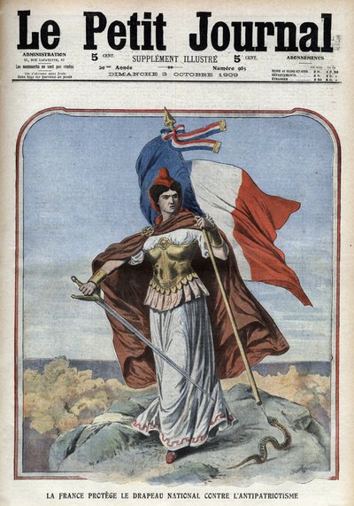 Frankrike (Marianne) beskytter nasjonalflagget mot antipatriotisme - "" Le Petit Journal"" av oktober 1909 av Anonymous Anonymous