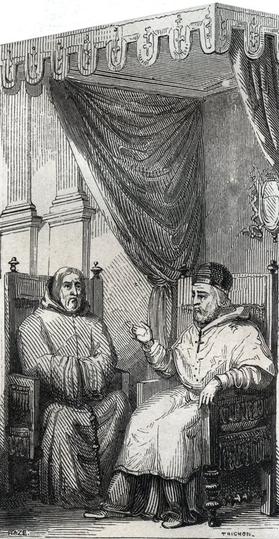 Frans av Paola grunnlegger av den romersk-katolske minimerordenen og pave Sixtus IV - Saint Francois de Paule (Francesco di Paola) (1416-1507), grunnlegger av Minimesordenen med pave Sixtus IV - Gravering av 1846 i "Lives of the Hellige"". Privat samle av Anonymous Anonymous