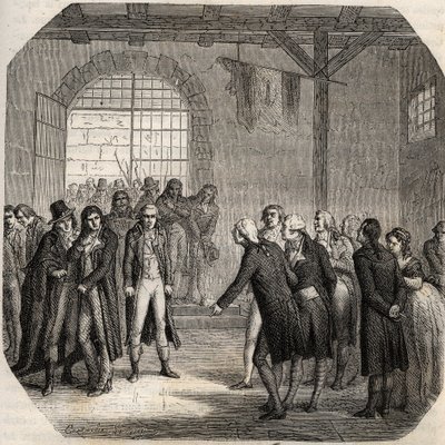 Fransk revolusjon - Hebertistene - Les Hebertistes à la Concierge i Paris 23. mars 1794 - - Gravering i "Histoire des Girondins" av Alphonse de Lamartine (1790-1869) 1865-1866 - Privat samling av Anonymous Anonymous