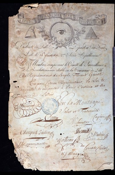 Fransk revolusjon: attestering av statsborgerskap fra Guiot de Saint-Florent (Saint Florent) dit Florent-Guiot (eller Florent-Guyot) (1735-1834), en revolusjonær og representant for folket, av den revolusjonære komiteen i Lille datert 16 år II (02.09.1 av Anonymous Anonymous