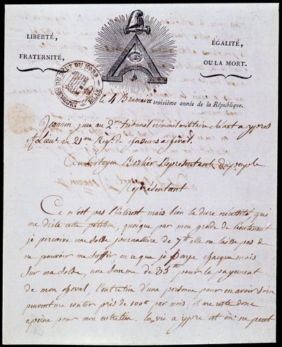 Fransk revolusjon: første side og overskrift til et militært administrativt brev 4 tåkeår III (25/10/1794) datert 18 Frimaire år III (08/12/1794) med den republikanske inskripsjonen "Liberte Egalite, Fraternite ou la Mort" og symboler fra Franco-Maconnerie av Anonymous Anonymous