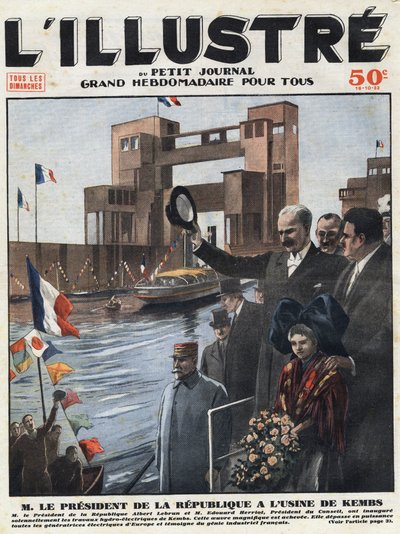 Fransk industri: Albert Lebrun (1871-1950), president for republikken og Edouard Herriot (1872-1957), president for rådet innviet vannkraftverket Kembs i Haut-Rhin (Haut Rhin) i Alsace. Overskriftsgravering av "" L