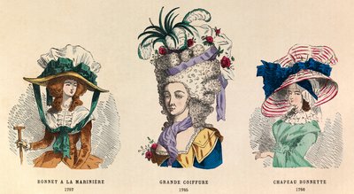 Fra venstre til kråke: Hat a la mariniere i 1787; Grande Hairstyle i 1785 og Hat Bonnette i 1786 - privat samling av Anonymous Anonymous