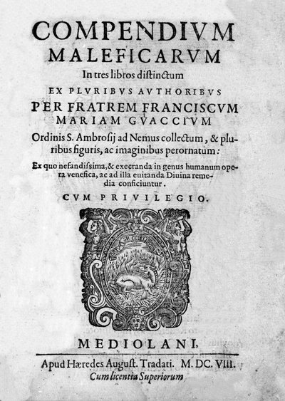 Frontispice of “” Compendium Maleficarum””, tar for seg hekser, deres ondskap og deres sortileges av Francesco Maria Guazzo eller Guaccio eller Guaccius (15?? -16??) 1608 av Anonymous Anonymous