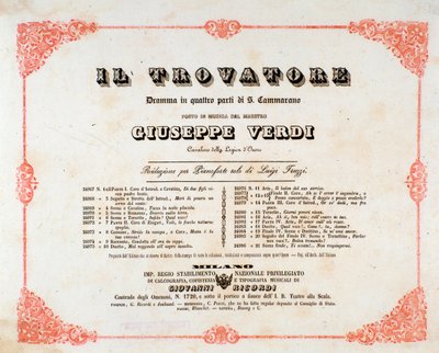 Frontispice av Il Trovatore (Trubaduren) opera av Giuseppe Verdi av Anonymous Anonymous