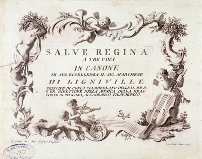 Frontispice av et partitur av Salve Regina-salmen for tre stemmer av markis av Ligneville (1768) av Anonymous Anonymous