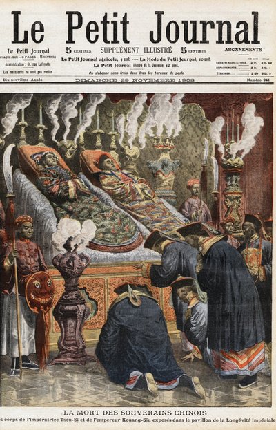 Funeral of Chinese rulers: the bodies of Imperator of China Yehenara, Empress Xiao Ding Jing (1868 - 1913) and Emperor Guangxu or Kuang-Siu (Kouang Siu), Emperor of China of the Qing Dynasty (1872-1908) exhibited in the pavilion of the imperiale longevite. av Anonymous Anonymous